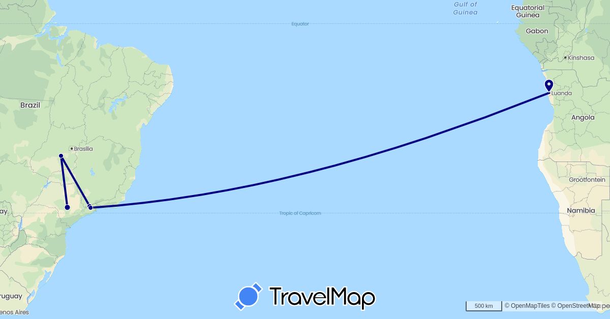 TravelMap itinerary: driving in Angola, Brazil (Africa, South America)